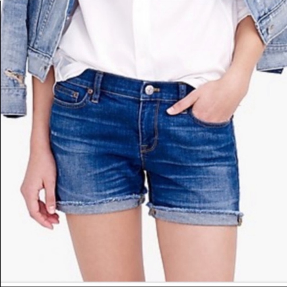 J.Crew Indigo Denim Cutoff Jean Shorts Raw Edge One Roll Dark Wash Sz 26 Run Big